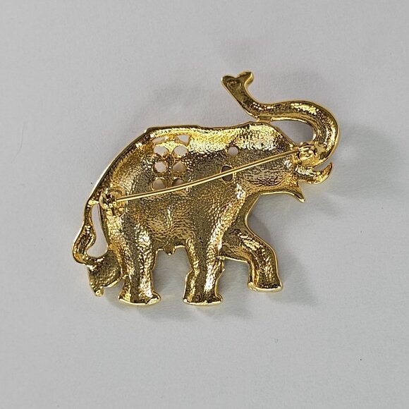 Vintage Gold-Tone Enamel Elephant Brooch Pin With Rhinestones & Red Accents - Picture 2 of 8